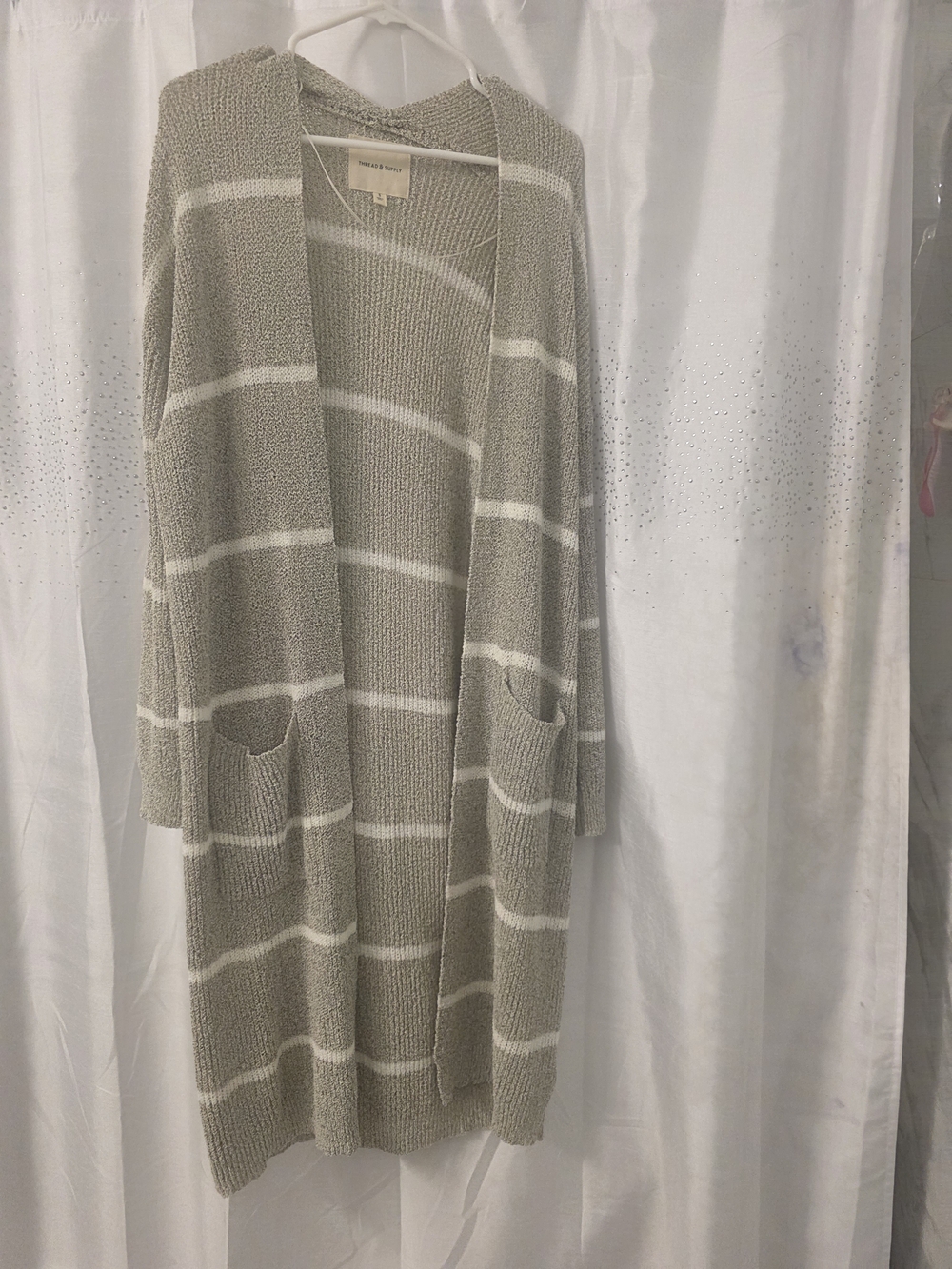 Thread & Supply Taupe and White Striped Open-Front Long Cardigan/duster